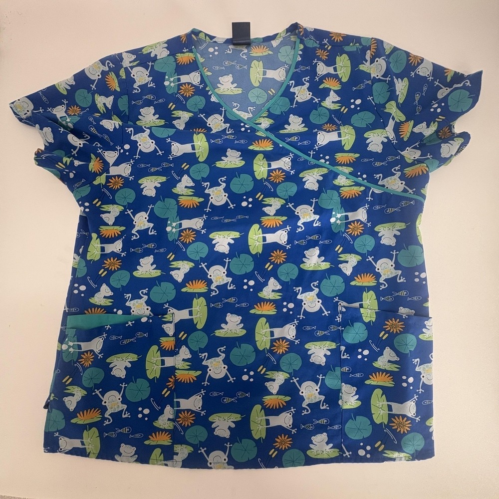 Zoe + Chloe Blouse Womens XL Blue V Neck Frog Print Scrub Tunic Top Pockets
